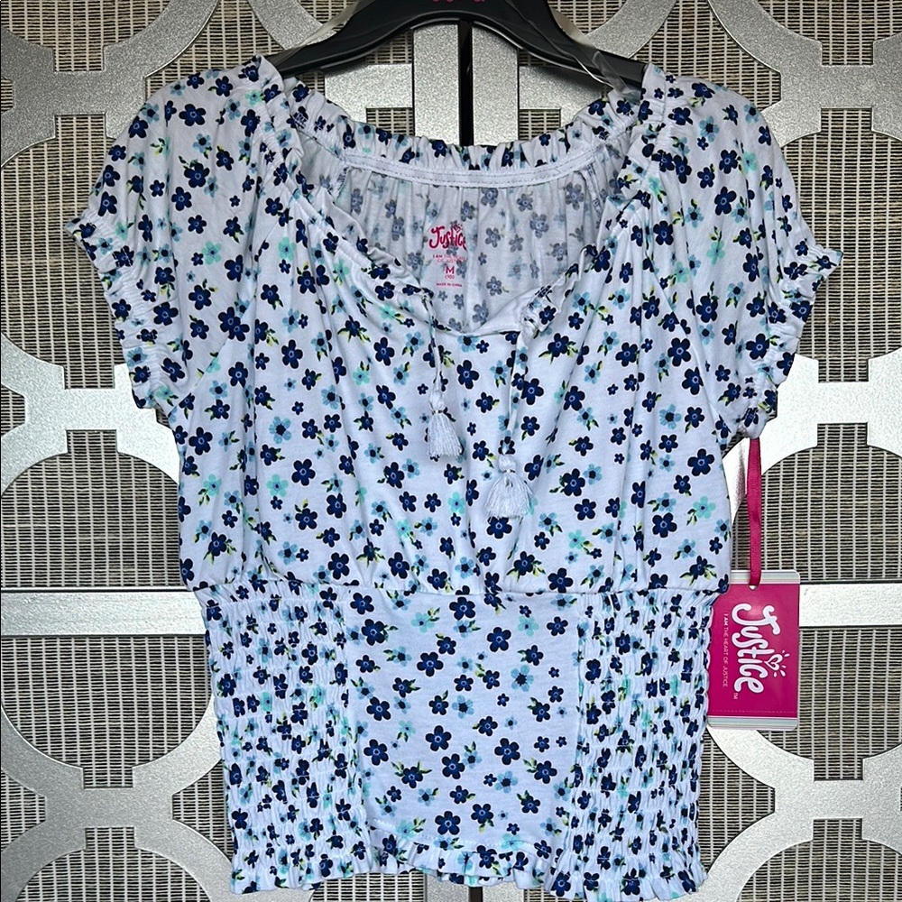 NWT kids Justice Blue and White Puff Sleeve Blouse